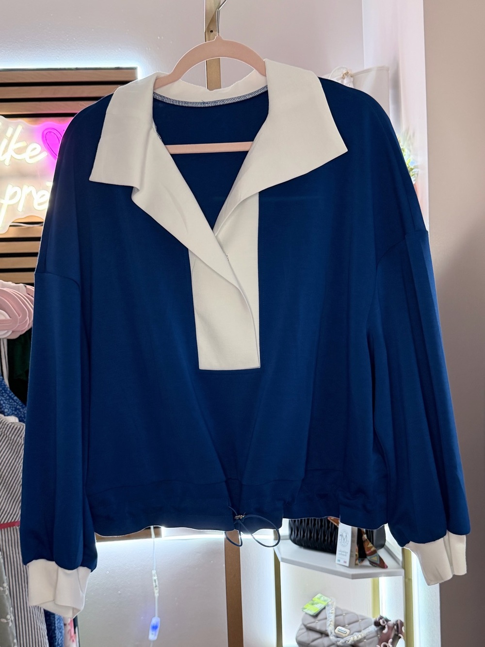 Royal Blue Polo with White Collar Detail and Cinched Waistband